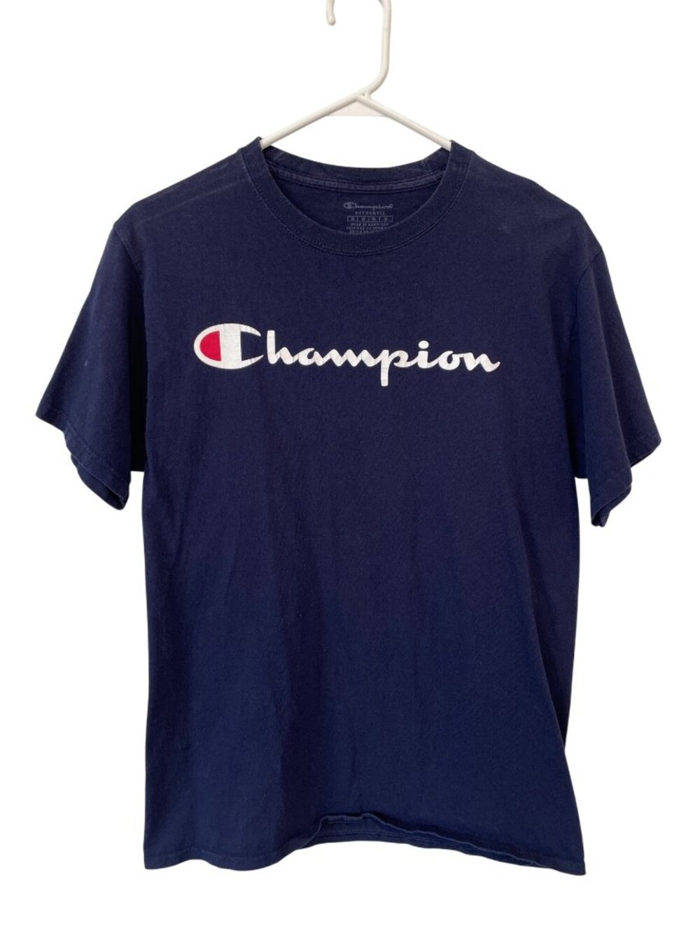 Champion T-Shirt Medium Crewneck Short Sleeve Graphic Tee Navy Blue Activewear